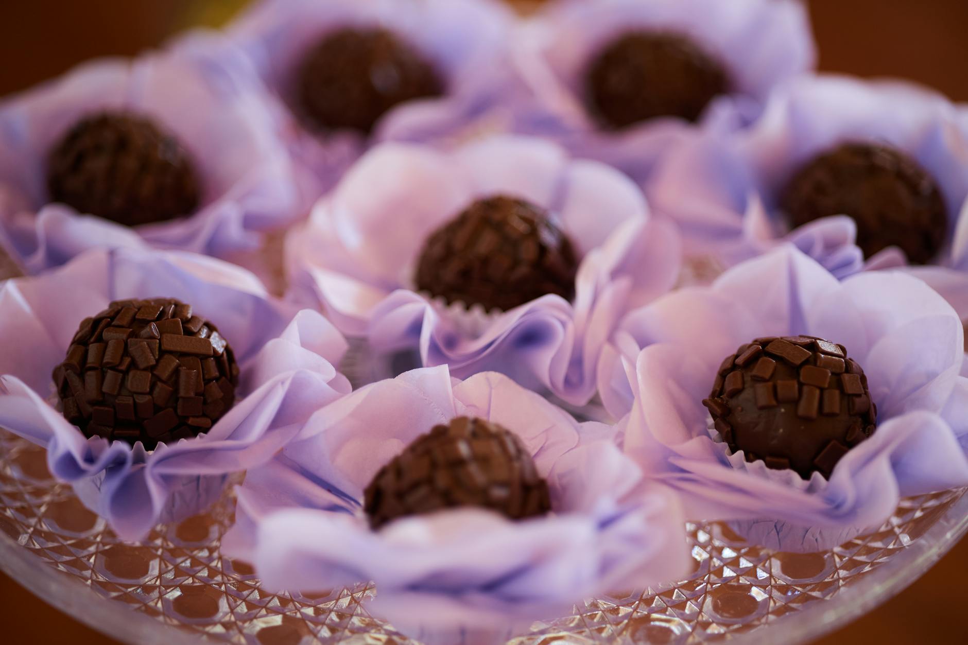 chocolate brigadeiros on decorative tray